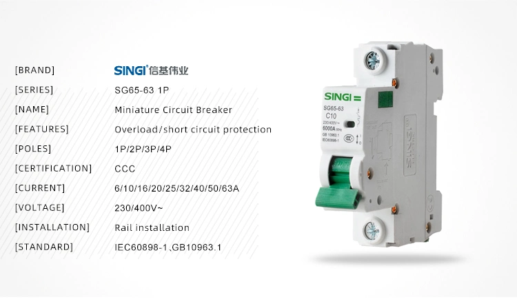 6A to 63A Singi Electric Air Price Electrical Miniature Circuit Breaker Manufacture